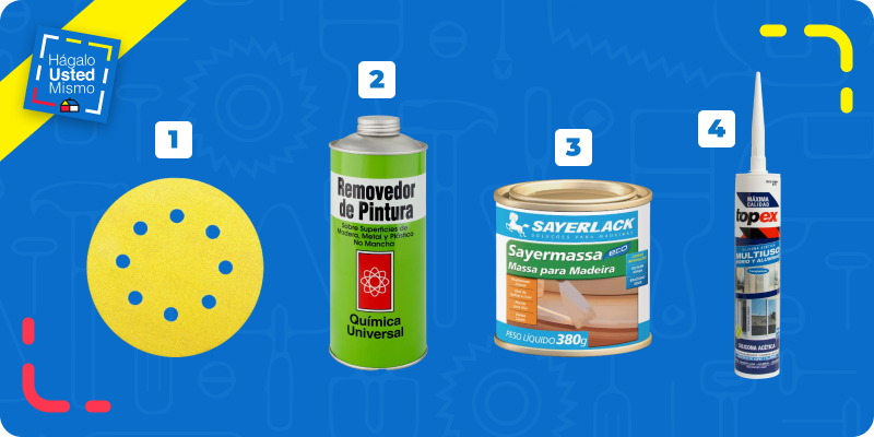 selección de productos para restaurar una ventana de madera: discos de lija, removedor de pintura, pasta de retape y silicona neutra.