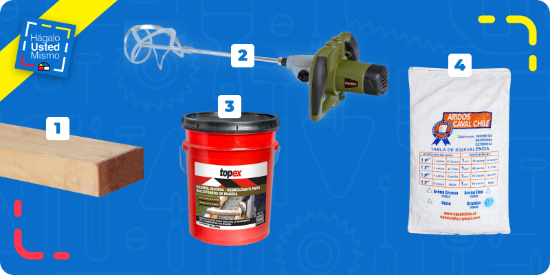 selección de productos para hacer un sendero de hormigón: pino seco cepillado, desmoldante, mezclador o batidor eléctrico y gravilla.