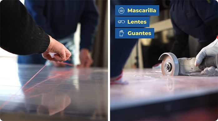 una persona usa un tizador para marcar una plancha de policarbonato y luego cortarla con un esmeril angular.