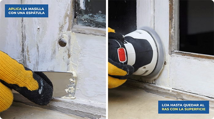 una persona aplica pasta de retape con una espátula en la ventana de madera y luego pasa una lijadora roto orbital para suavizar.