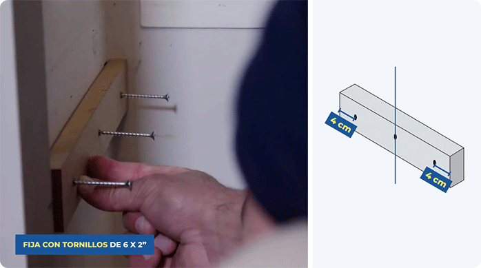 una persona instala un suple hecho de mdf en el muro interior de una despensa de cocina.