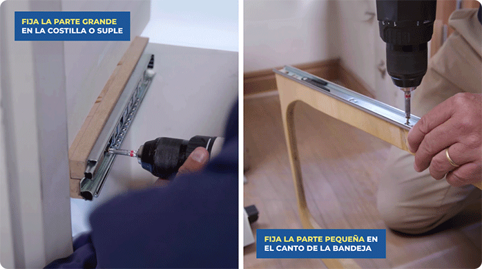 un hombre fija las partes del riel, la más grande en el suple de la despensa y la más delgada en el terciado.
