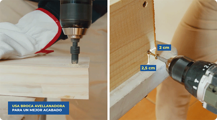 una persona avellana y atornilla los trozos de pino seco cepillado para crear un marco de madera.