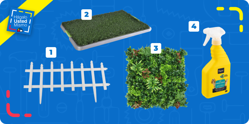 selección de productos para hacer un rincón verde para la mascota: reja plástica, pasto de entrenamiento, palmeta de jardín vertical y eliminador de orina.