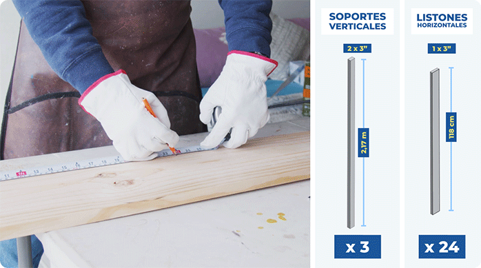 una persona marca los cortes necesarios de madera para hacer el mini quincho.