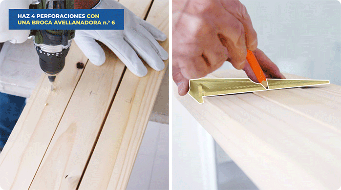 un hombre marca y perfora los listones de madera que serán los soportes del mini quincho.