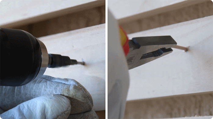 un hombre pone ganchos para colgar elementos para hacer asados en el mini quincho.