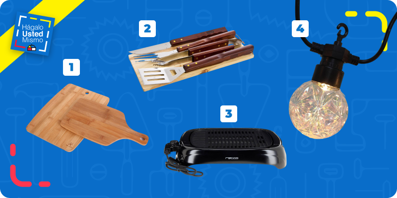 selección de productos para equipar un mini quincho en el balcón: tablas de madera para cortar, set de utensilios para asados, parrilla eléctrica y luces para balcón.