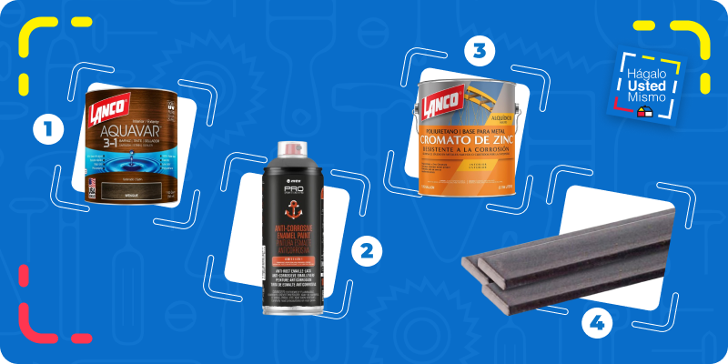 selección de productos para instalar y proteger las tablas de un portón: barniz Aquavar de Lanco, pintura en spray, cromato de zinc anticorrosivo y pletinas metálicas.