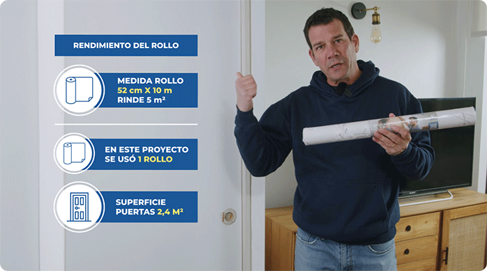 un hombre sostiene un rollo de papel mural.