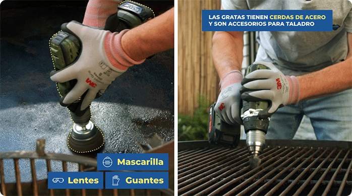 un hombre usa diferentes modelos de gratas metálicas para limpiar el tambor y la parrilla oxidada.