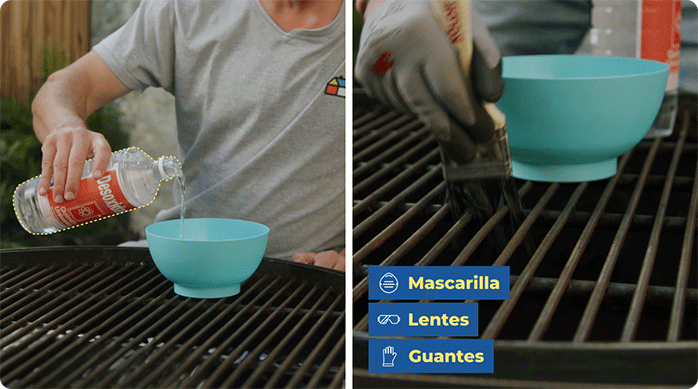 un hombre pone desoxidante en un plato y luego lo aplica con una brocha en la parrilla oxidada.