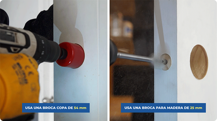 una persona perfora una puerta con una broca copa y una broca paleta de 25 mm.