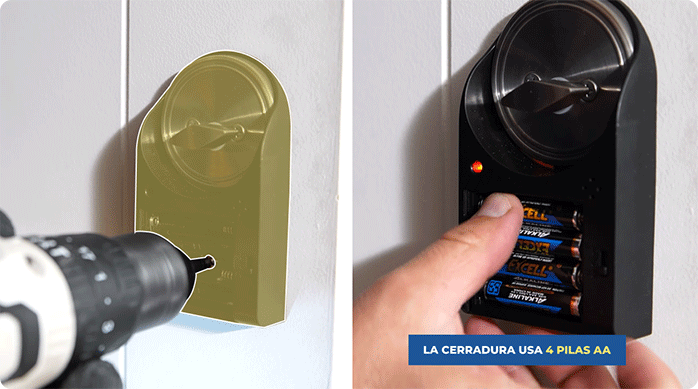 una persona instala el cerrojo con alarma y le pone 4 pilas AA
