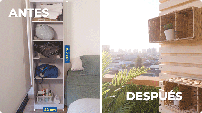 el antes y el después de un mueble estante que se usa para organizar el balcón.