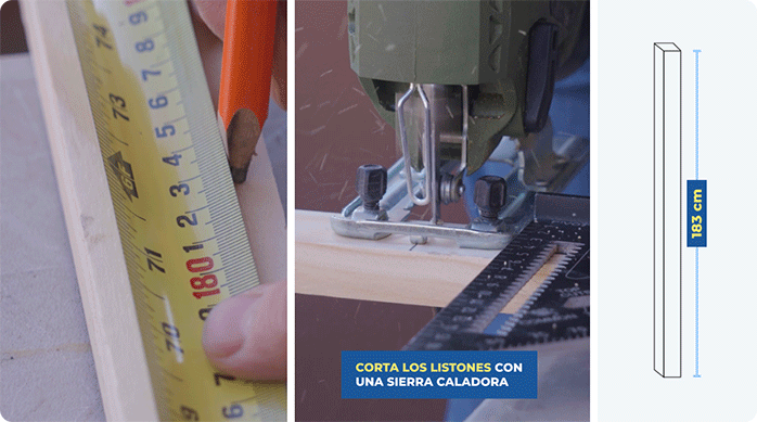 una persona marca y corta un listón de madera que usará para renovar el mueble estante.
