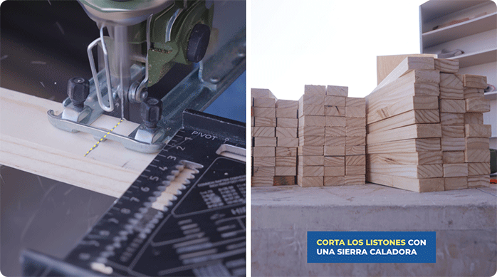 una persona corta los listones de pino de 2 x 1" que necesita para renovar un mueble usando una sierra caladora.