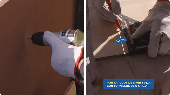 una persona perfora el muro de un balcón y marca una fijación en un trozo de terciado.