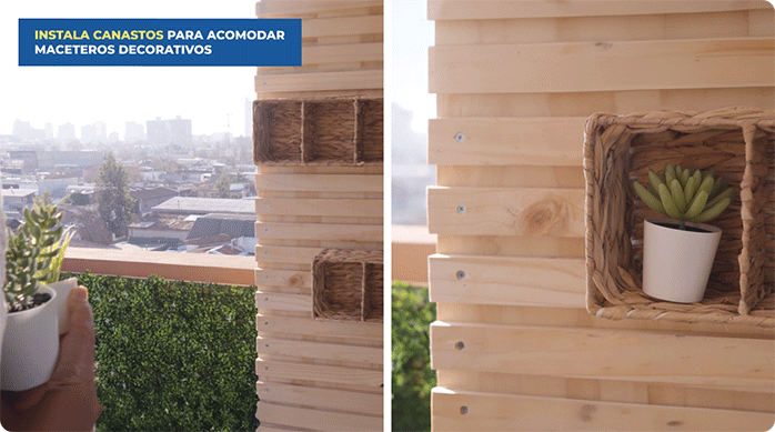 un mueble estante renovado con canastos de mimbre instalados en su puerta para poner plantas pequeñas.