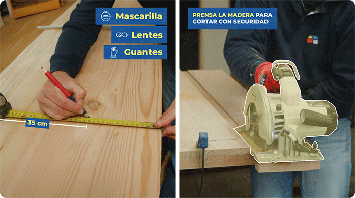 un hombre marca y corta una madera de pino oregón con una sierra circular.