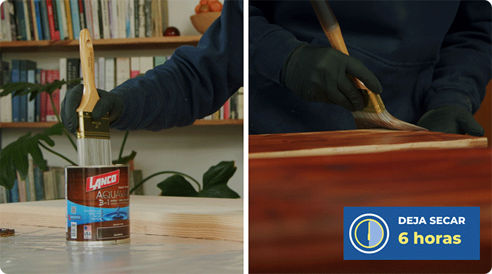 un hombre aplica aquavar de lanco con una brocha en el trozo de madera, el cual es tinte, sellador y barniz.