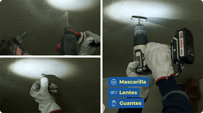un hombre perfora el cielo de la bodega, introduce tarugos e instala los soportes del panel led.