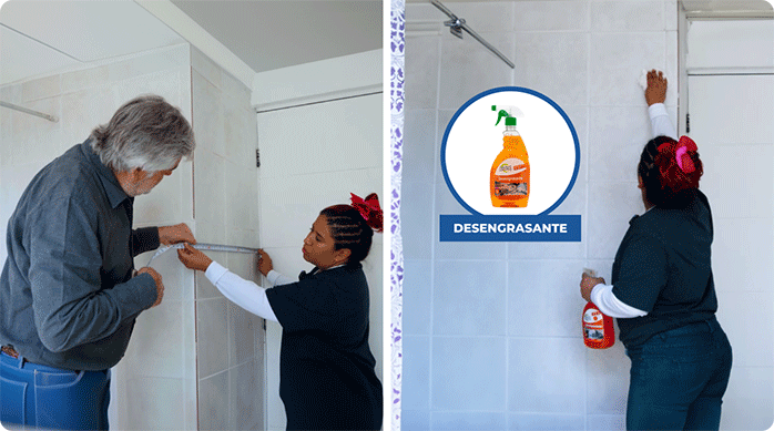 una mujer mide el ancho del muro de un baño y luego limpia los muros con un desengrasante.