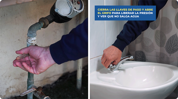 un hombre cierra la llave de paso de una casa y luego abre la grifería del baño para liberar toda el agua.