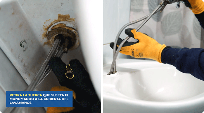 una persona retira el monomando antiguo del lavamanos.