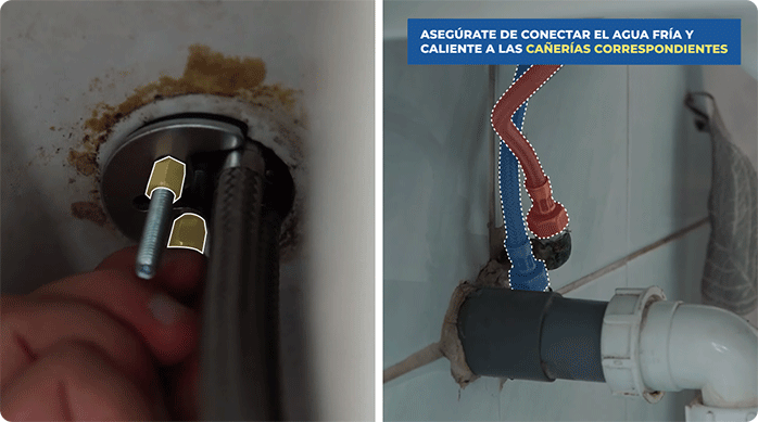 una persona enrosca las tuercas del monomando por debajo del lavamanos y conecta los flexibles de agua caliente y fría.