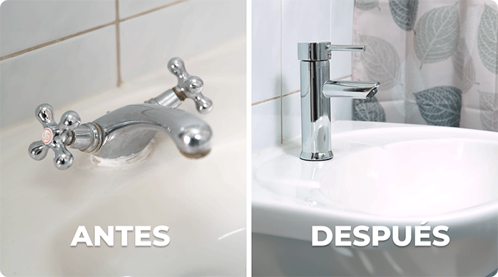el antes y el después de un lavamanos de baño al cual se le cambió el monomando.