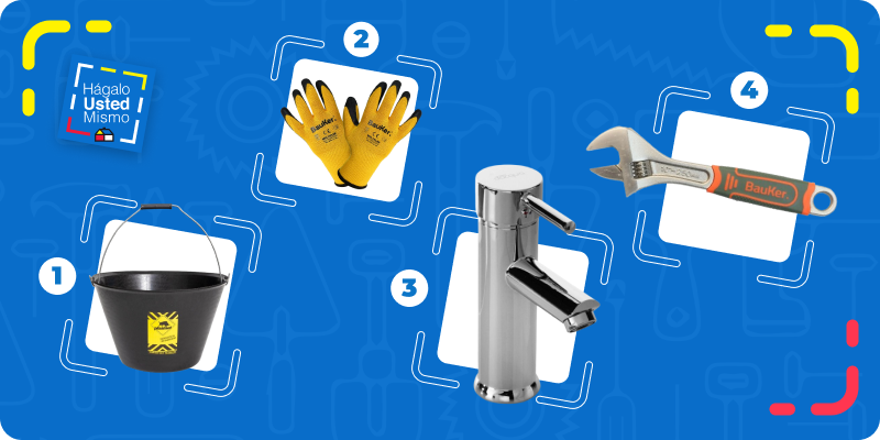 selección de productos para cambiar un monomando: cubeta, guantes de trabajo amarillos, monomando cromado Sensi D'acqua y llave ajustable Bauker.