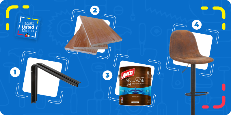 selección de productos para hacer un bar en un balcón: soportes para repisa, pino oregón y madera laminada, aquavar de lanco y taburete.