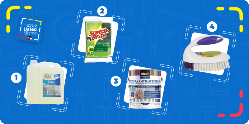 selección de productos para eliminar hongos de la madera: cloro, esponja abrasiva, esmalte antimicrobiano y escobilla de cerdas suaves.