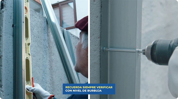 un hombre presenta y fija un perfil de metalcon en un muro exterior (pandereta).