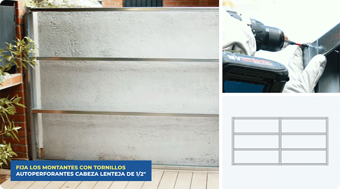 un hombre fija los verticales en los montantes de la estructura de metalcon en la pandereta.