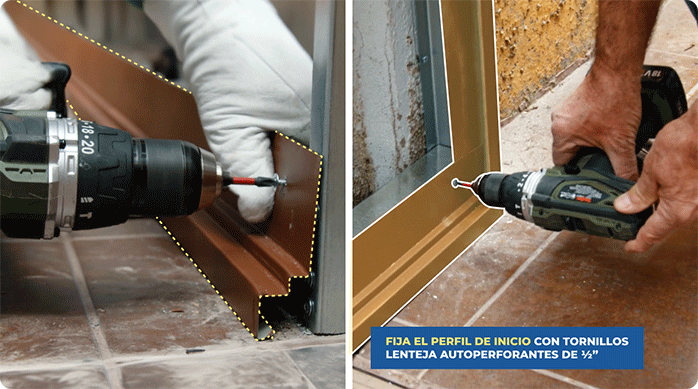 un hombre fija un perfil corta gota y un perfil J en la estructura de metalcon que instaló en la pandereta.