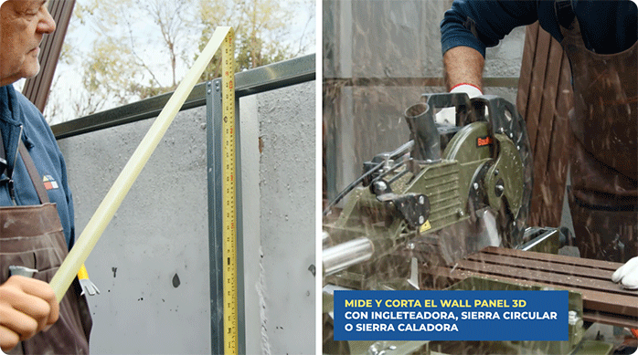un hombre mide el alto de un muro y luego corta el wall panel 3D en esa medida.