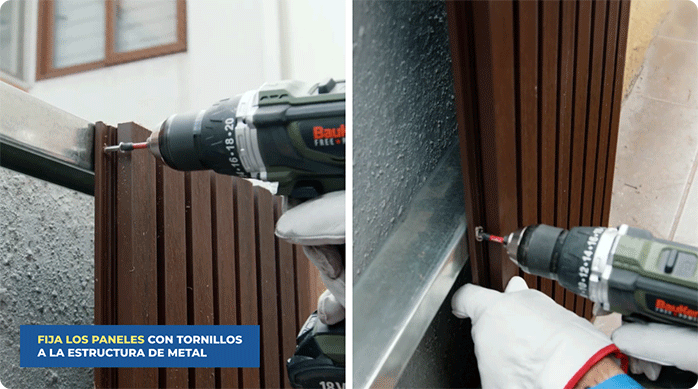 una persona fija wall panel 3D en la estructura de metalcon del muro exterior.