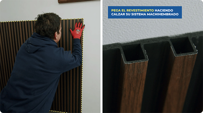 un hombre pega el revestimiento WPC en la entrada de una casa.