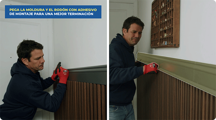 un hombre pega la moldura de MDF en la parte superior del revestimiento WPC.