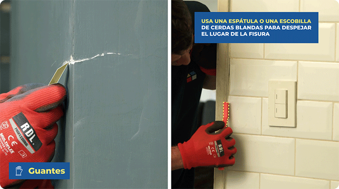un hombre raspa fisuras en un muro y un marco de puerta para despejarla y dejarla a la vista.