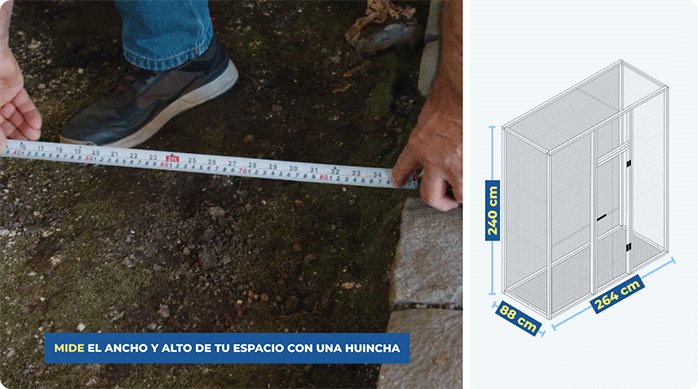 un hombre mide el espacio disponible en su casa para instalar el patio para gatos.