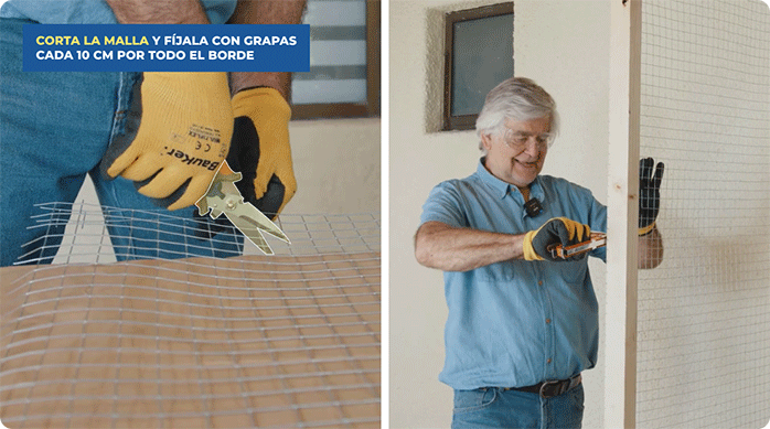 un hombre corta una malla de metal con una tijera para metal y la fija en el bastidor lateral del patio para gatos con grapas.