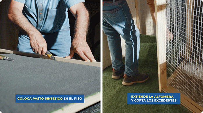 un hombre corta un rollo de pasto sintético con un cuchillo cartonero y lo extiende en el piso del patio para gatos.