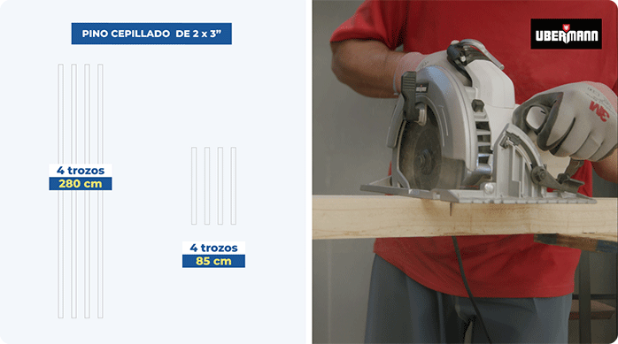 una persona corta pino seco cepillado de 2 x 3" con una sierra circular Ubermann
