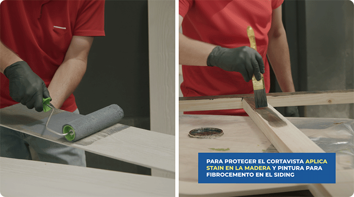 un hombre aplica pintura impermeabilizante para fibrocemento en el siding y barniz poliuretano en la estructura de madera.