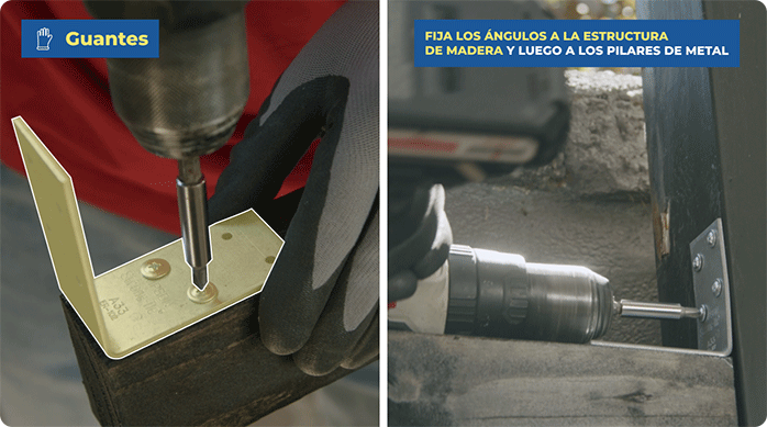 un hombre fija unos ángulos de acero en la estructura de madera y luego en los pilares de metal.