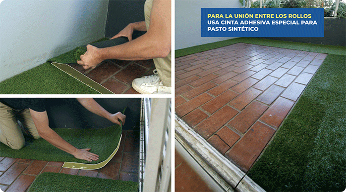 un hombre usa cinta especial para pasto sintético para pegar los rollos de pasto sintético entre sí en la terraza.