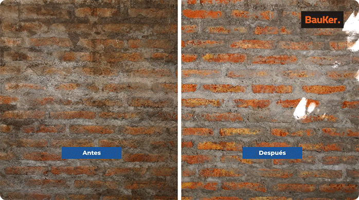 El antes y el después de un muro exterior que se limpió con hidrolavadora.